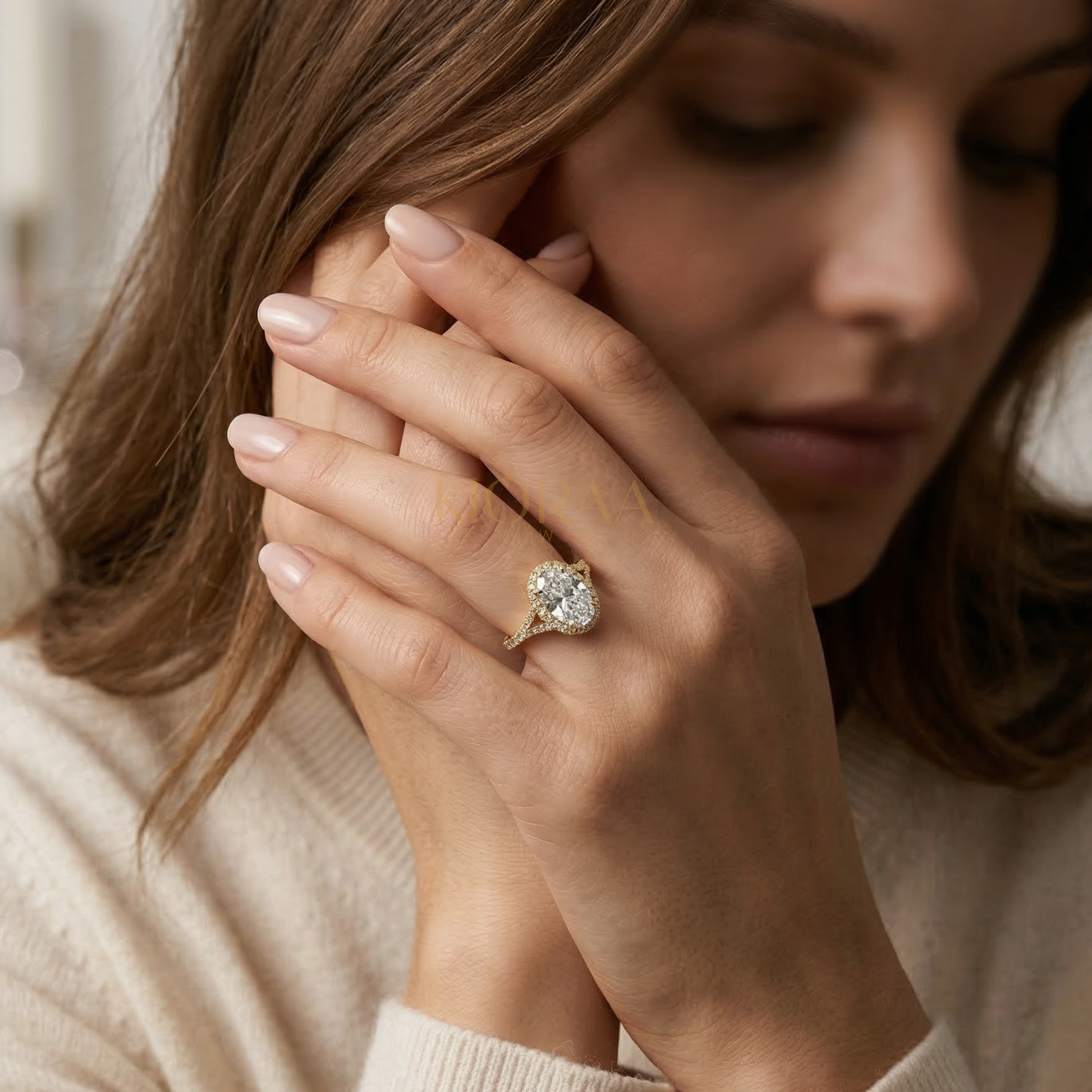 Half Coverage Oval Diamond Halo Engagement Ring