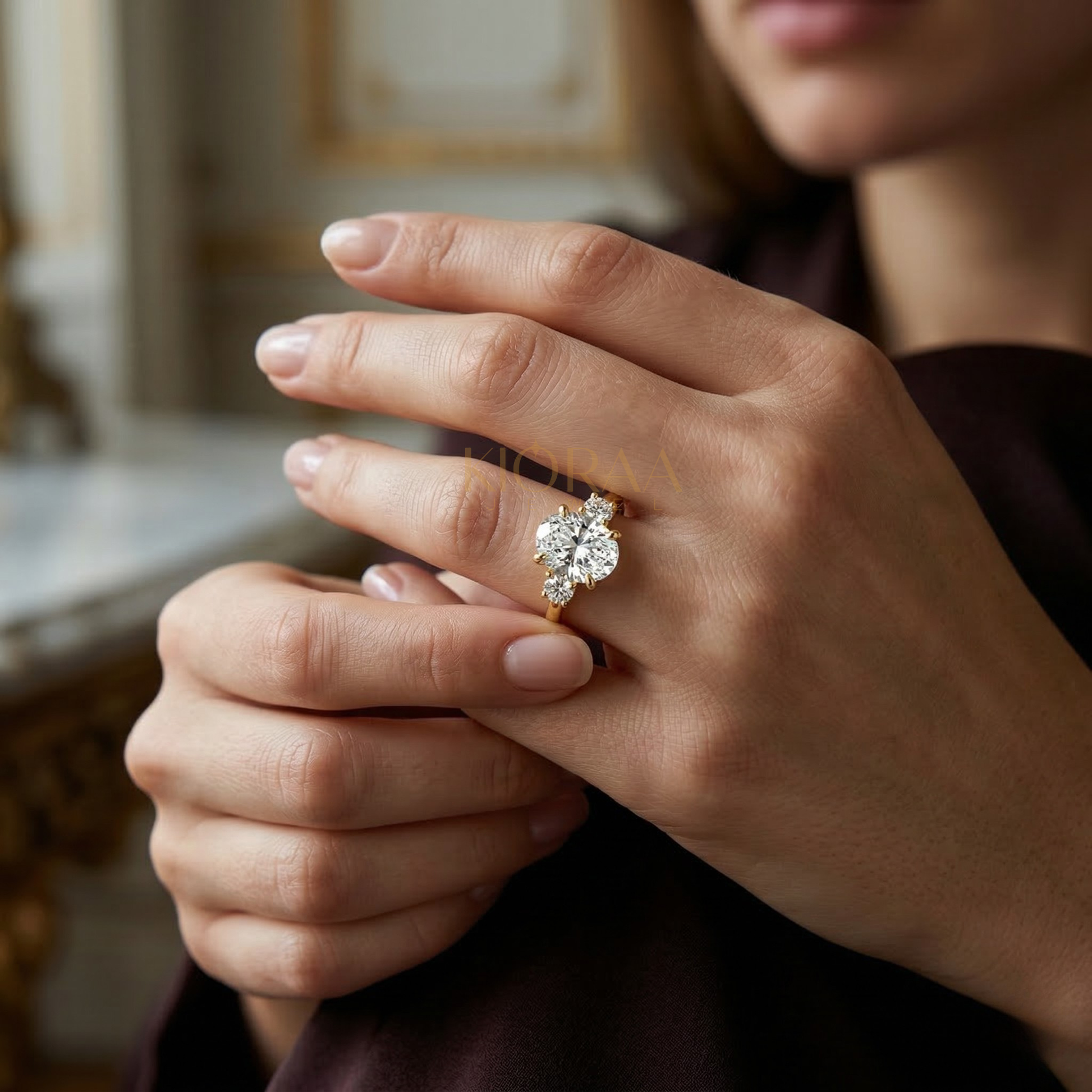 Classic Simple Oval Shape Three Stone Diamond Ring