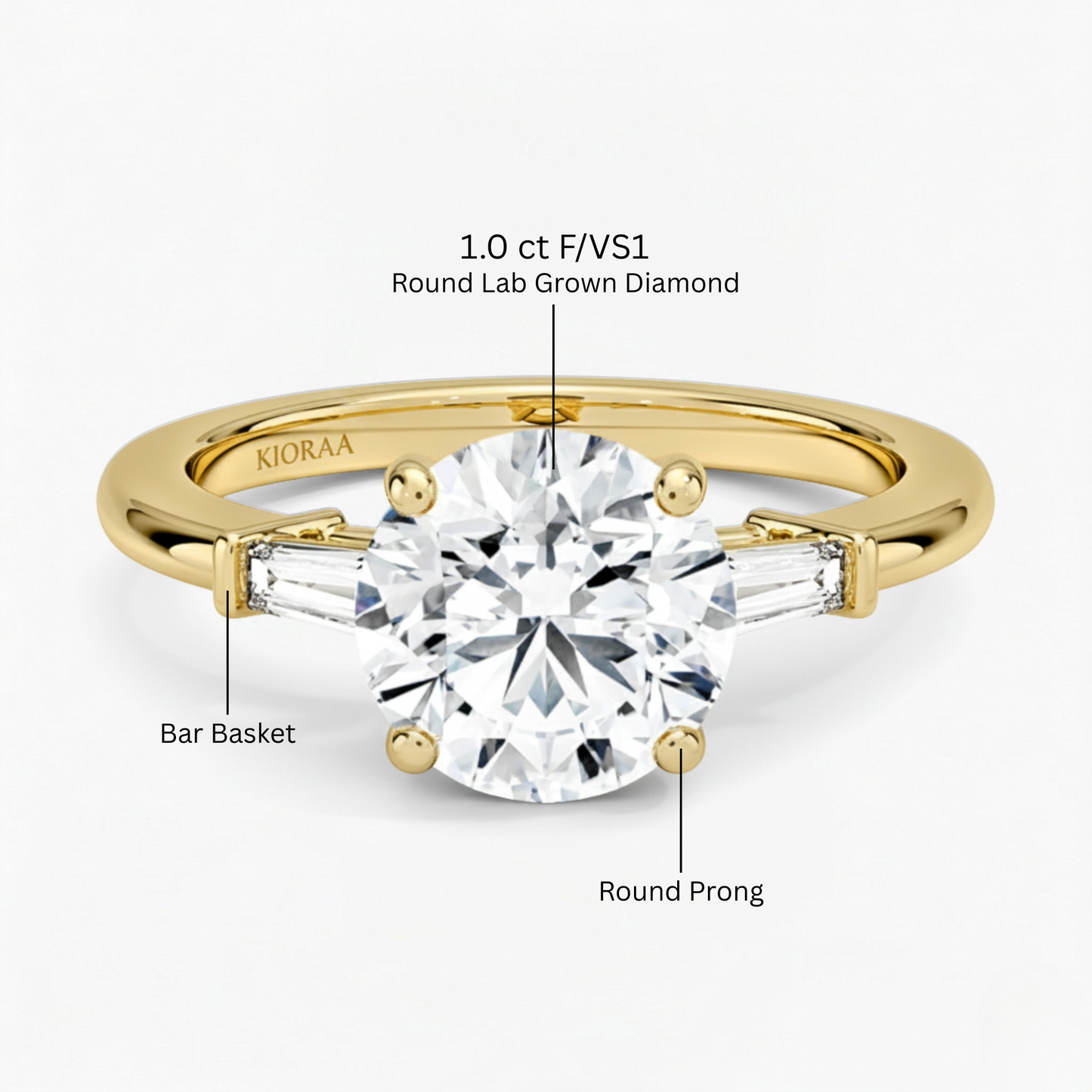 Round Shape Tapered Baguette Three Stone Engagement Ring
