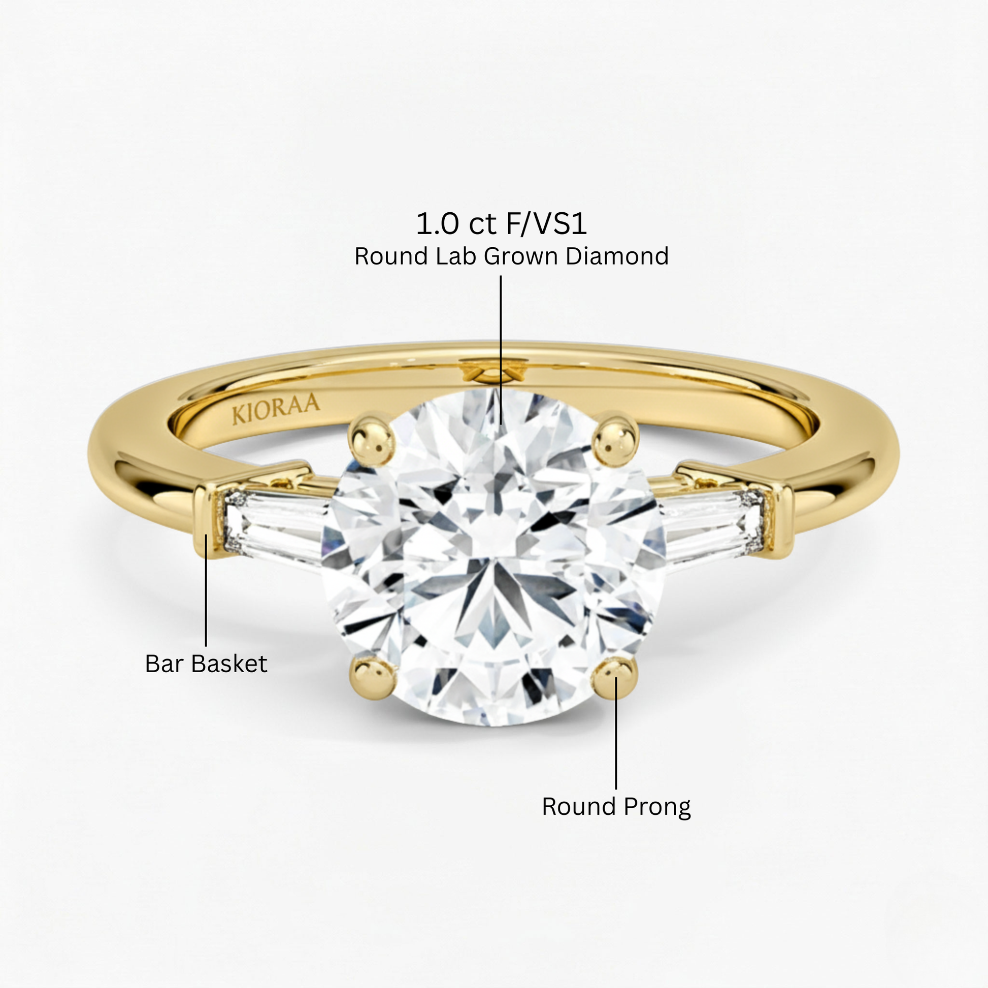 Round Shape Tapered Baguette Three Stone Engagement Ring