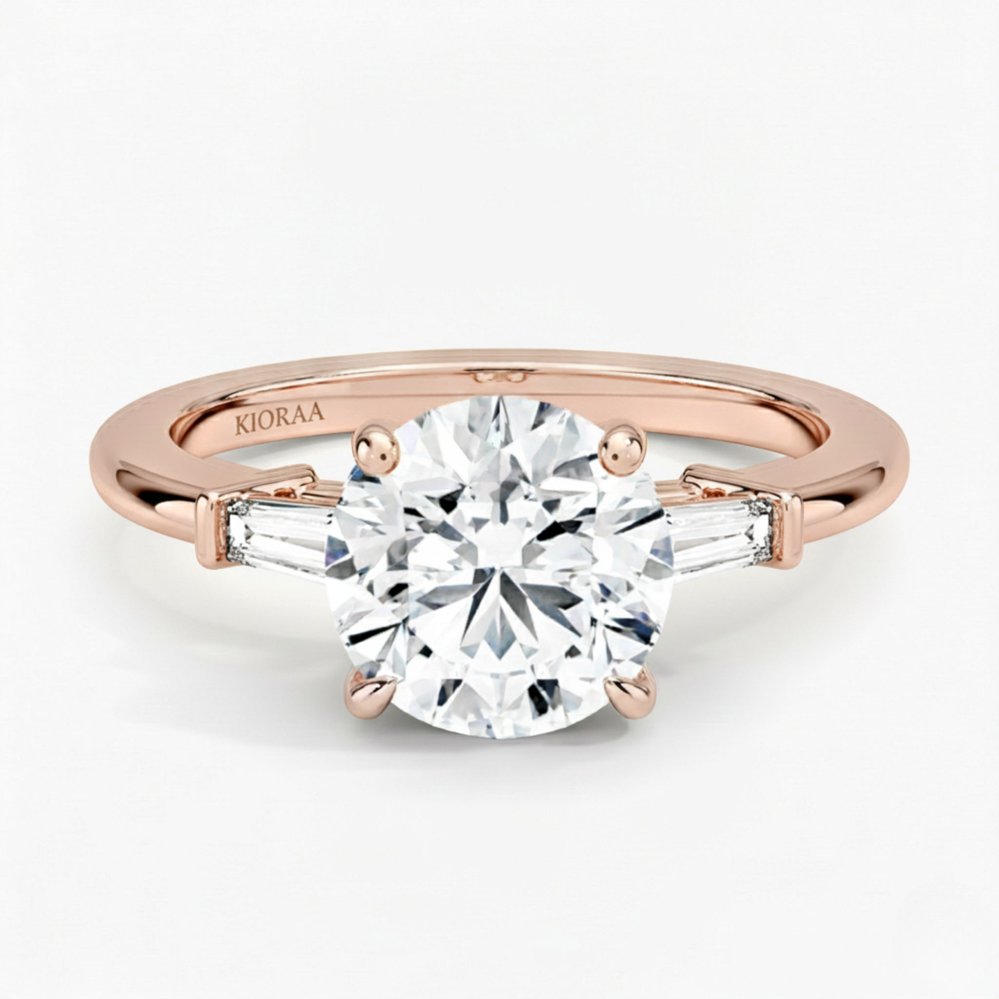Round Shape Tapered Baguette Three Stone Engagement Ring