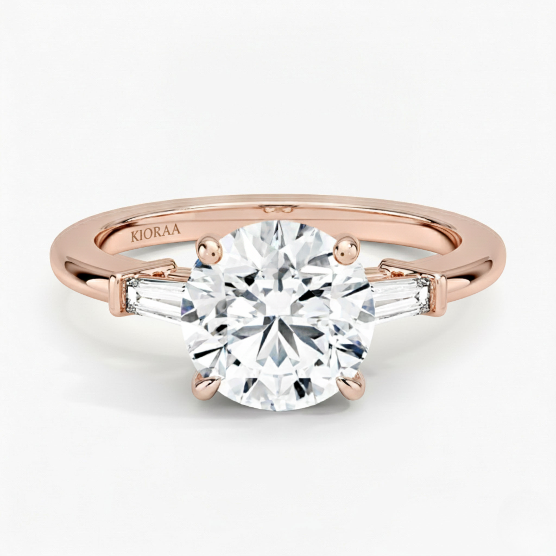 Round Shape Tapered Baguette Three Stone Engagement Ring