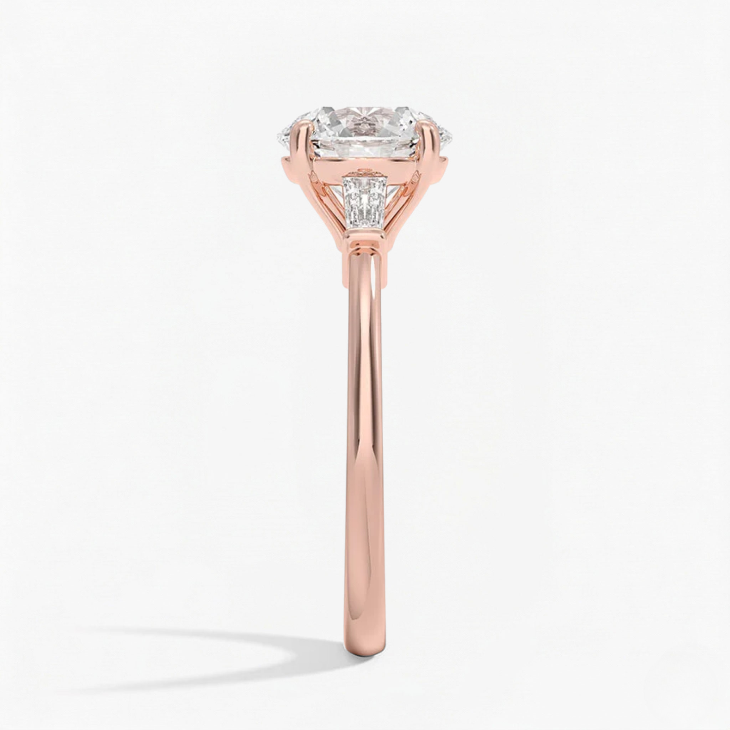 Round Shape Tapered Baguette Three Stone Engagement Ring
