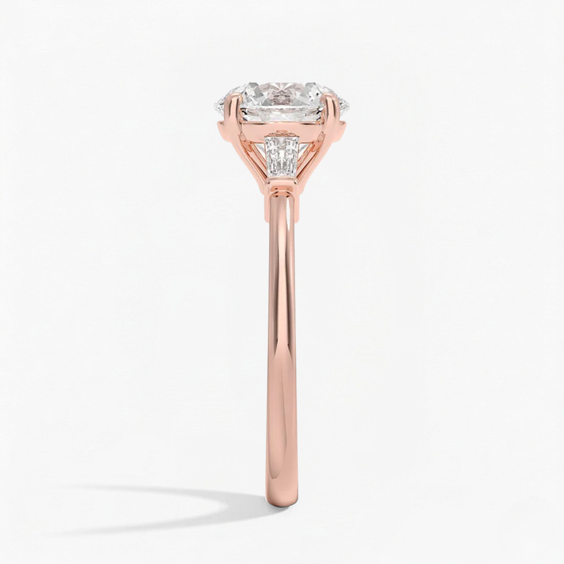 Round Shape Tapered Baguette Three Stone Engagement Ring