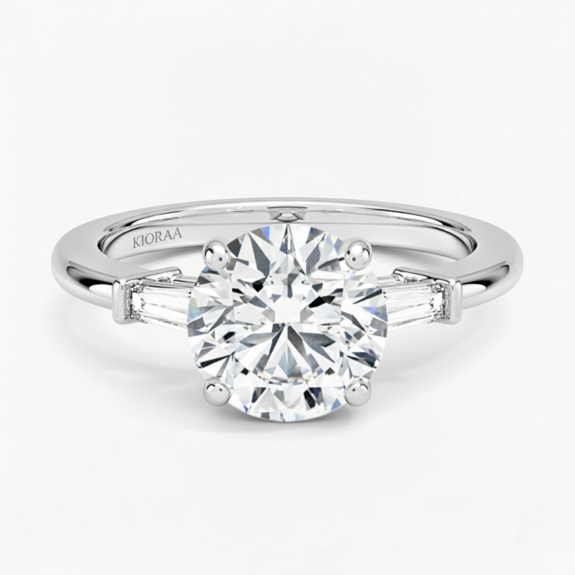 Round Shape Tapered Baguette Three Stone Engagement Ring