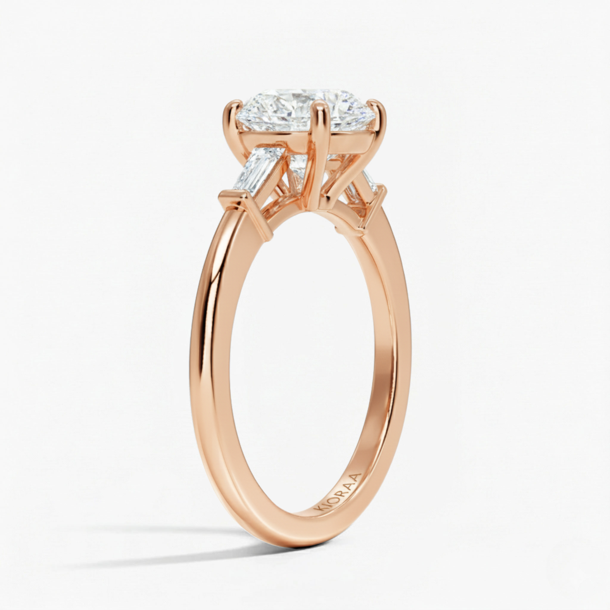 Round Shape Tapered Baguette Three Stone Engagement Ring