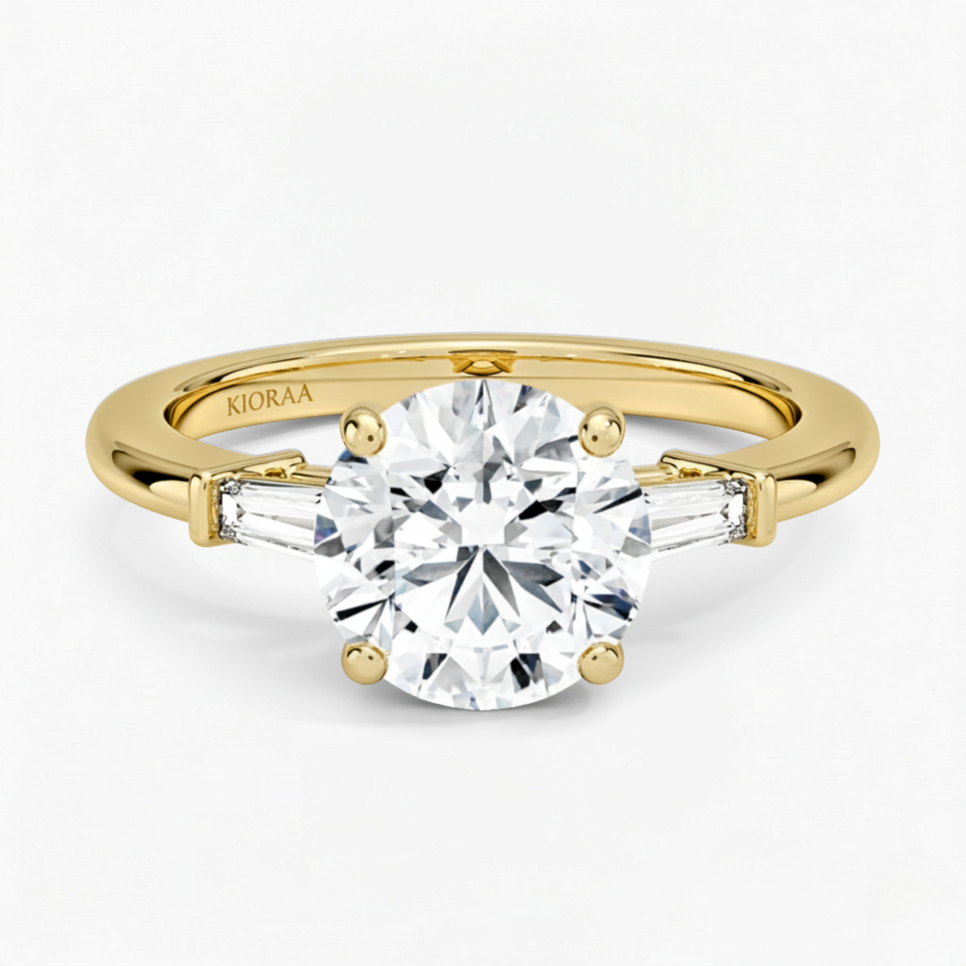 Round Shape Tapered Baguette Three Stone Engagement Ring