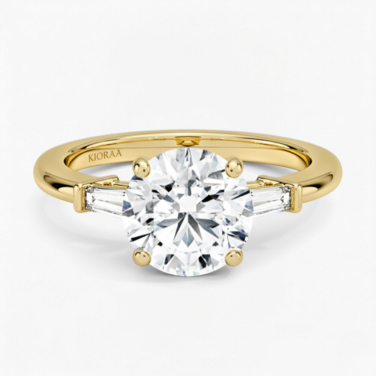 Round Shape Tapered Baguette Three Stone Engagement Ring