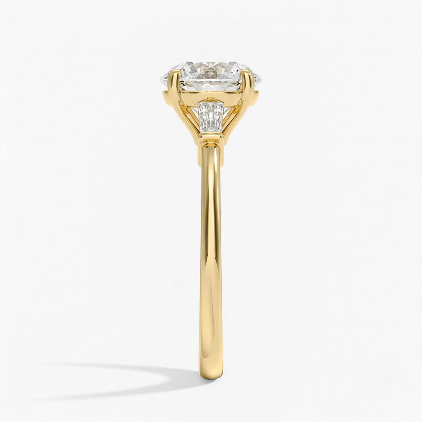 Round Shape Tapered Baguette Three Stone Engagement Ring