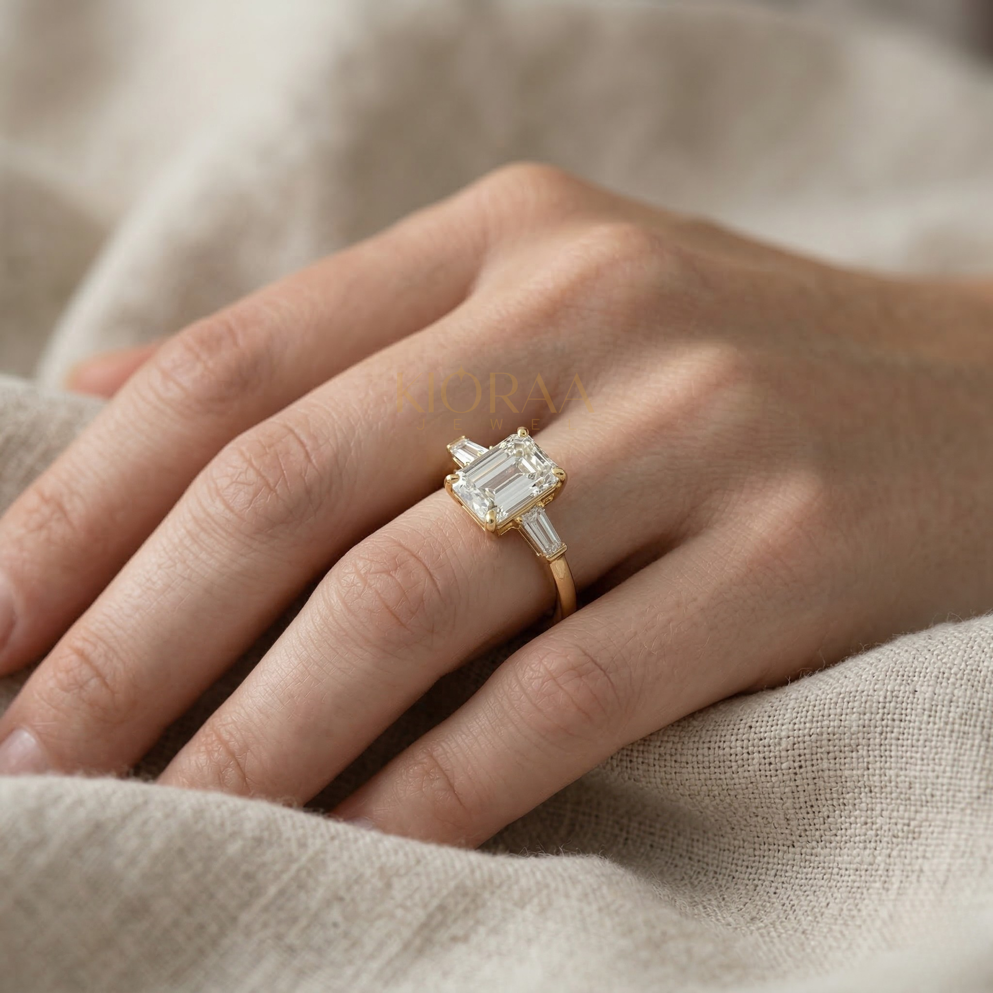 Emerald Shape Tapered Baguette Three Stone Engagement Ring