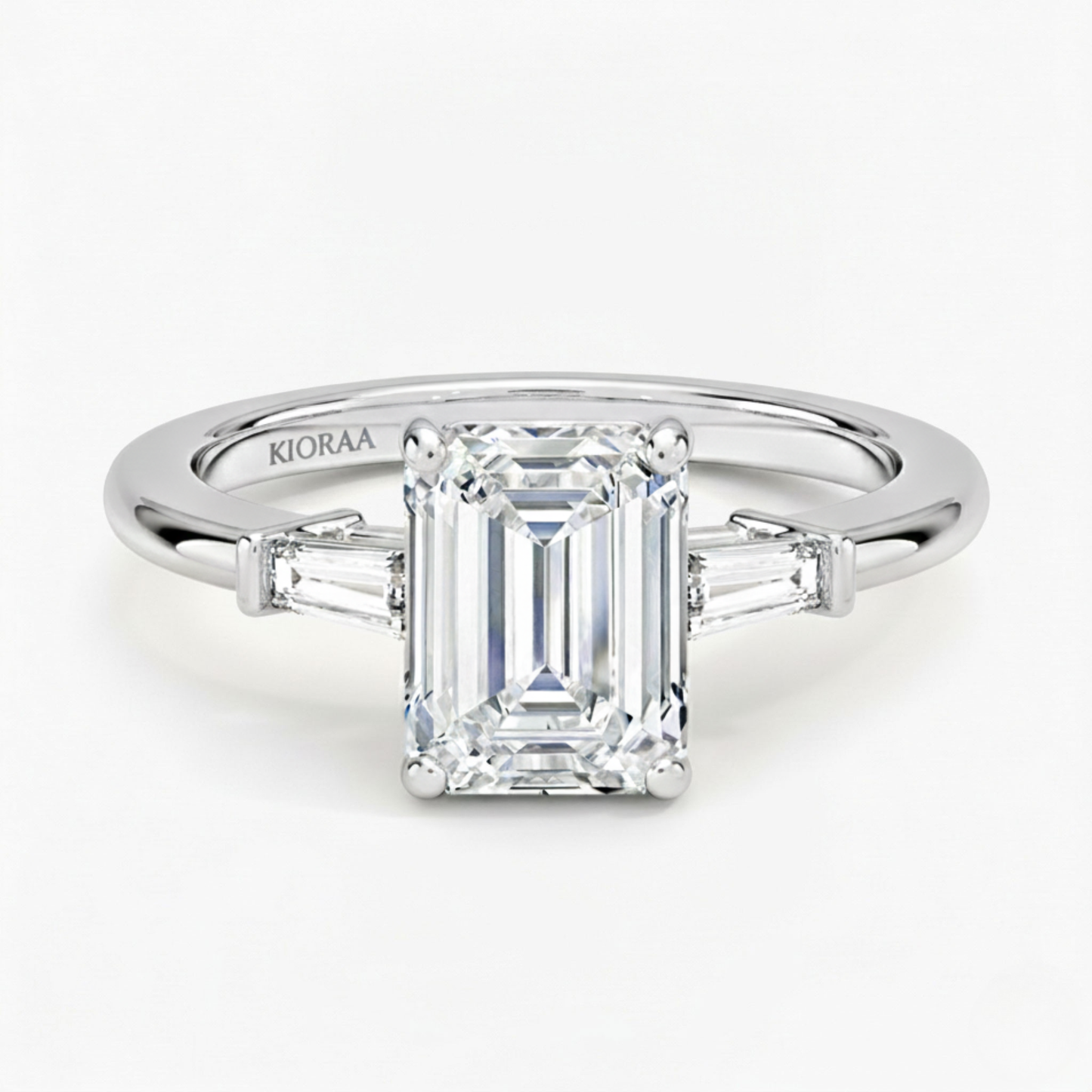 Emerald Shape Tapered Baguette Three Stone Engagement Ring