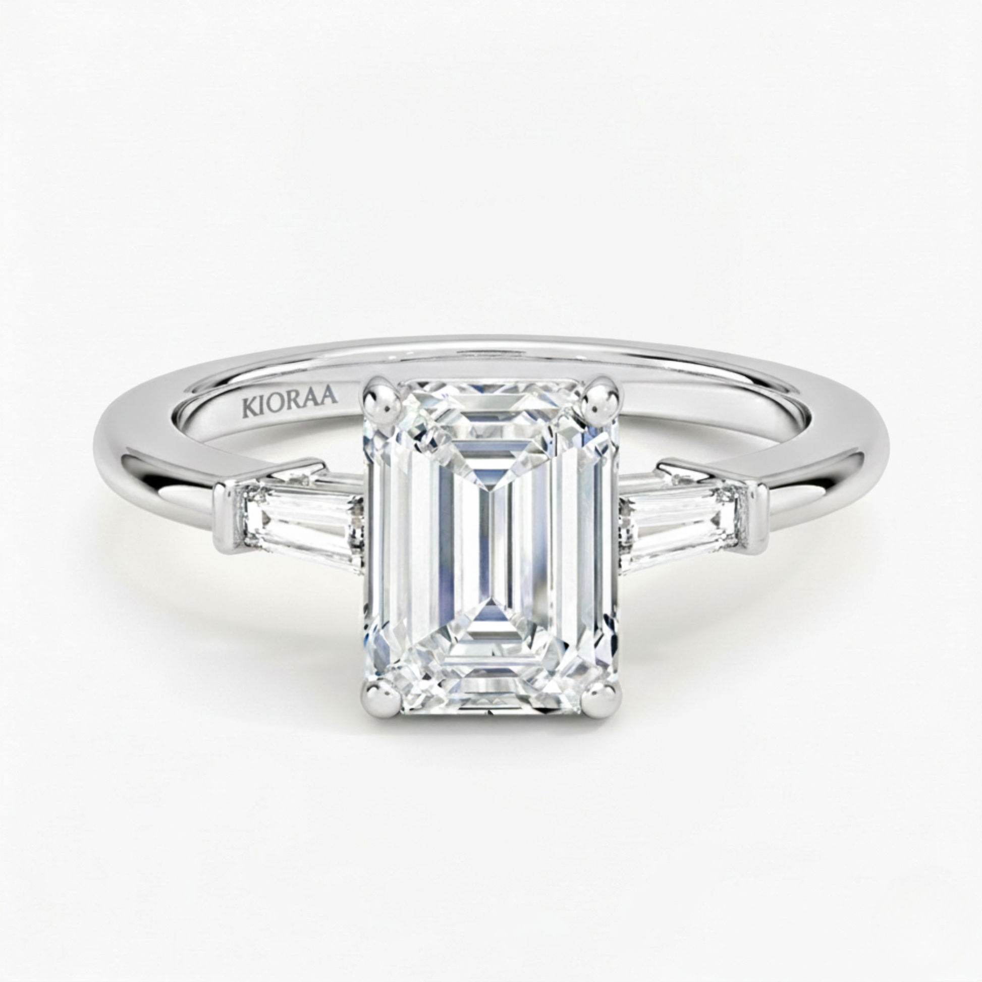 Emerald Shape Tapered Baguette Three Stone Engagement Ring
