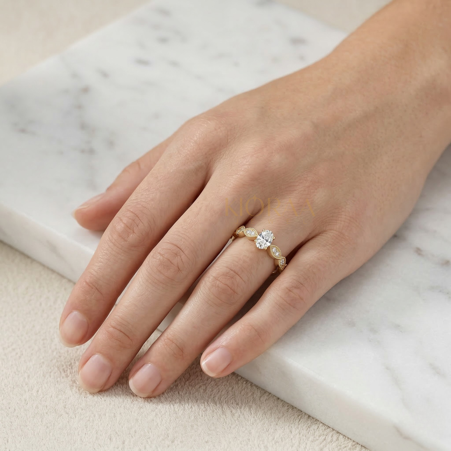 Vintage Halo Oval and Round Engagement Ring