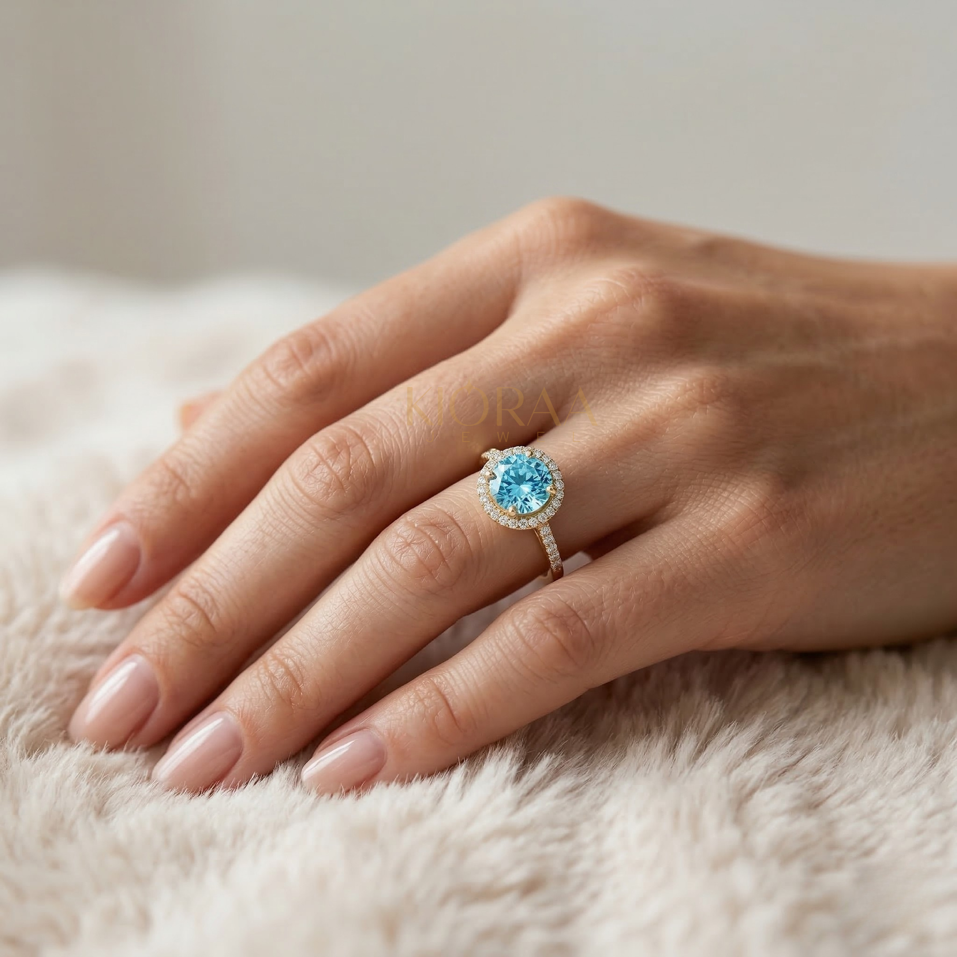 Fancy Blue Round Cut Diamond Halo Engagement Ring