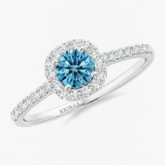 Fancy Blue Round Cut Diamond Halo Engagement Ring