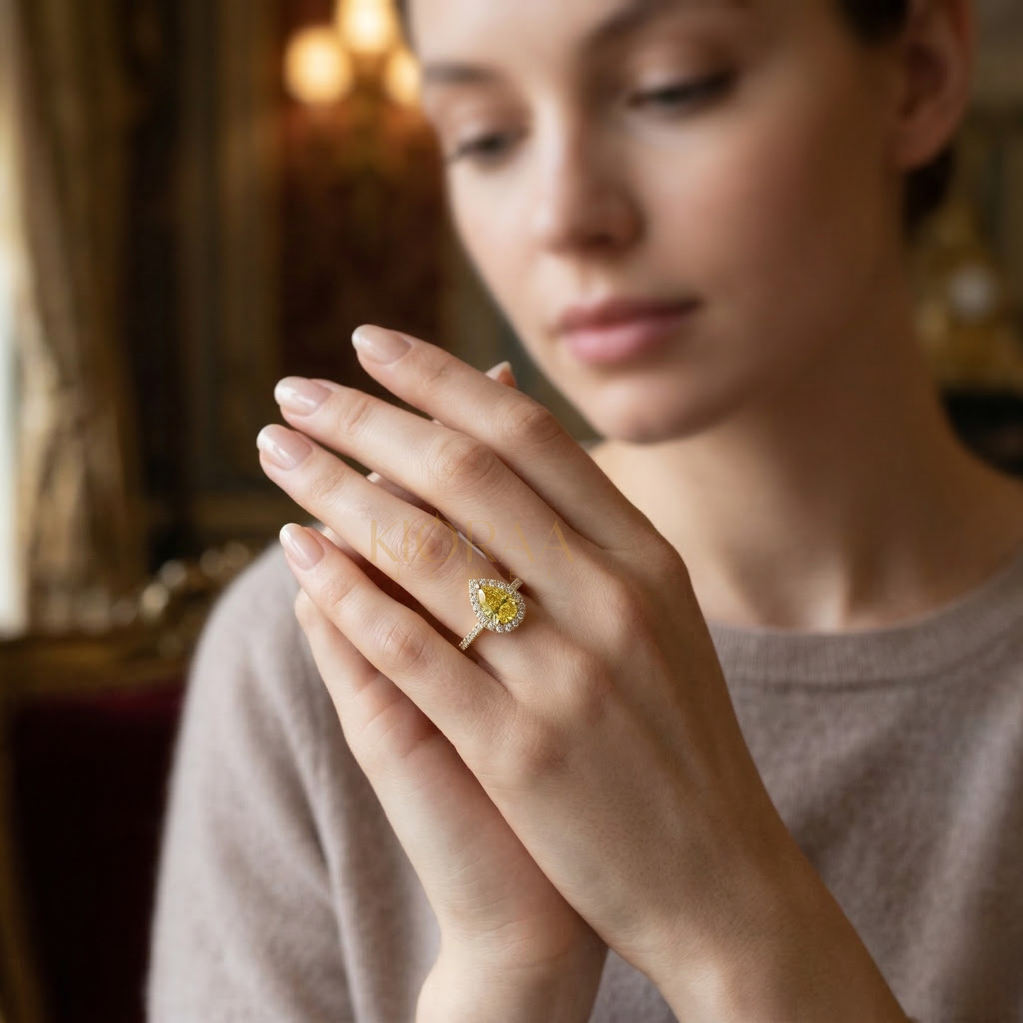 Fancy Yellow Pear Diamond Halo Engagement Ring