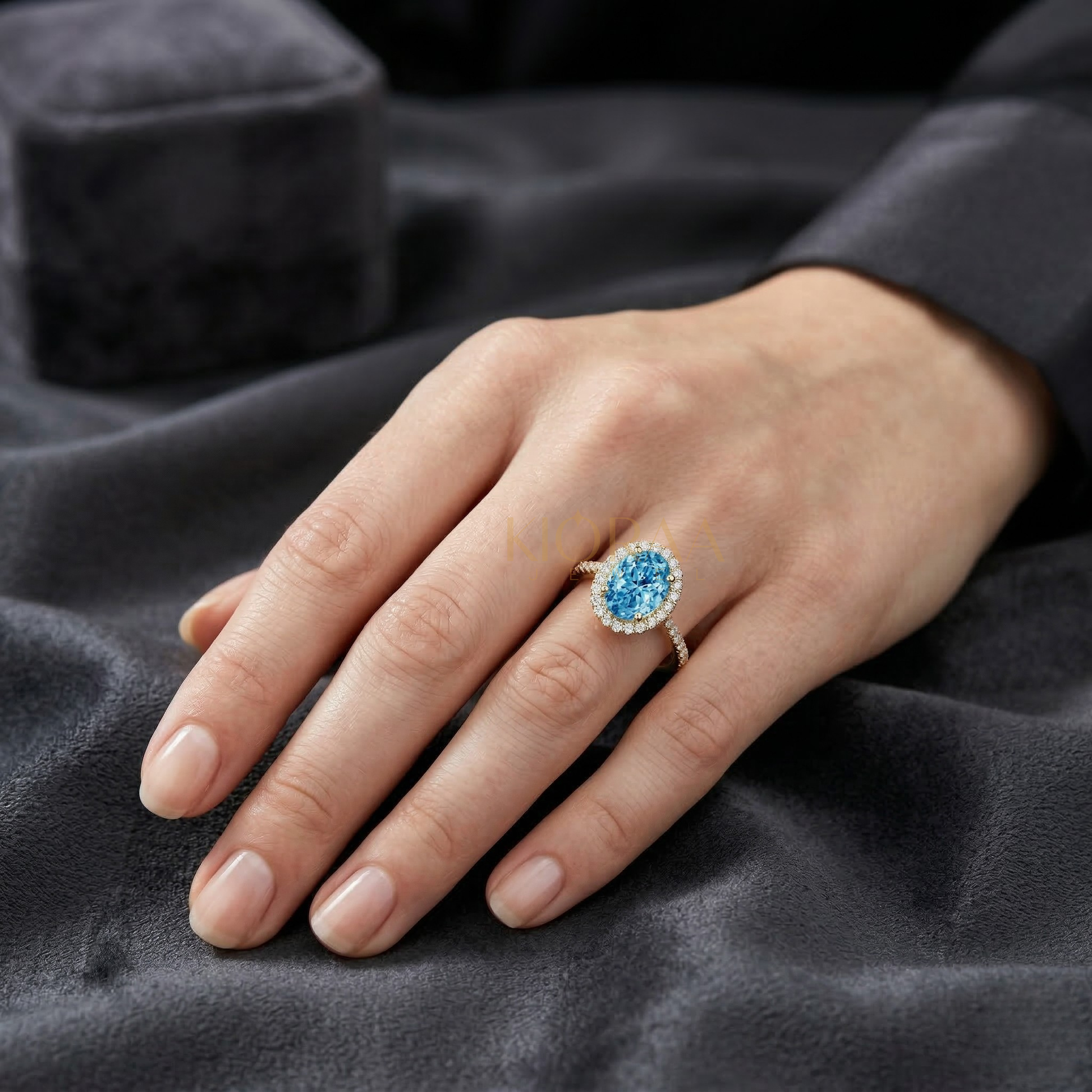 Fancy Blue Oval Cut Diamond Halo Engagement Ring