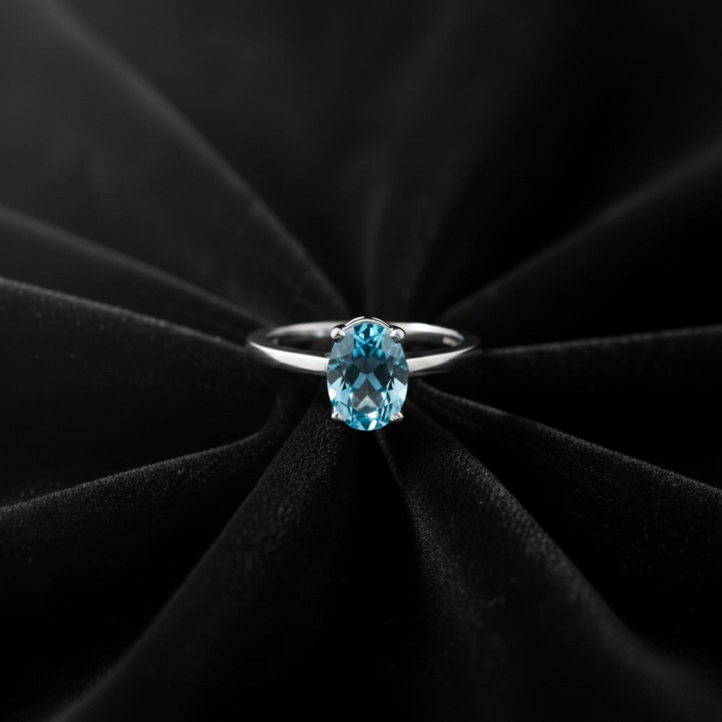 Classic Simple Fancy Blue Oval Knife Edge Solitaire Ring