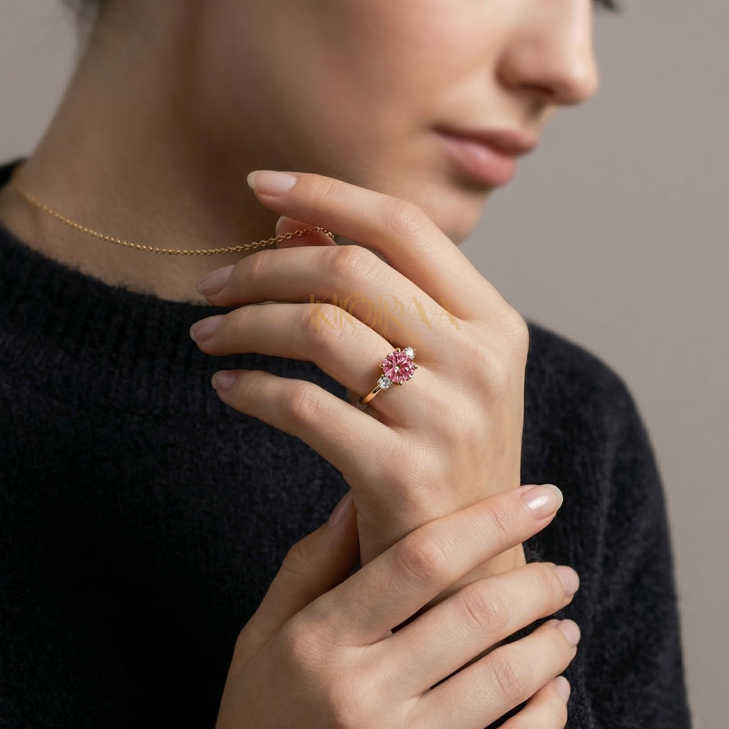 Classic Simple Fancy Pink Round Three Stone Solitaire Ring