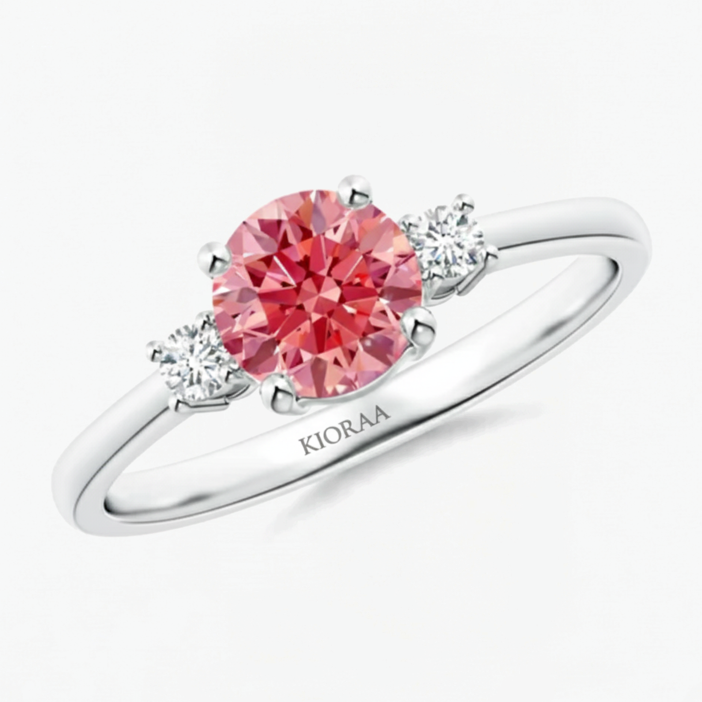 Classic Simple Fancy Pink Round Three Stone Solitaire Ring
