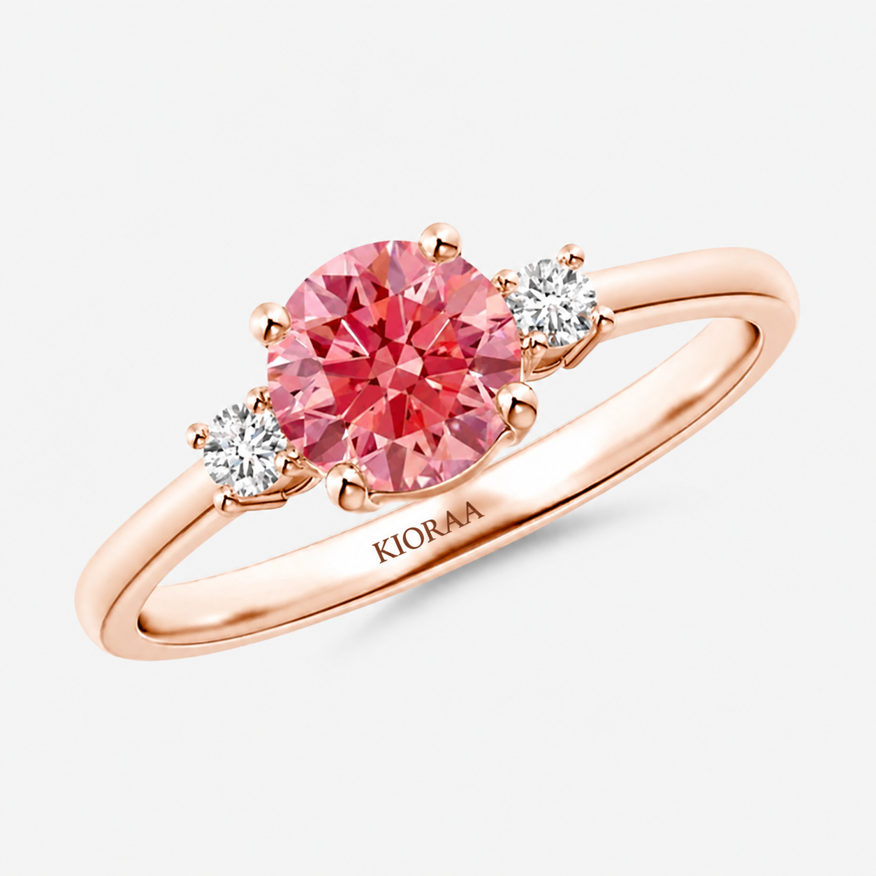 Classic Simple Fancy Pink Round Three Stone Solitaire Ring
