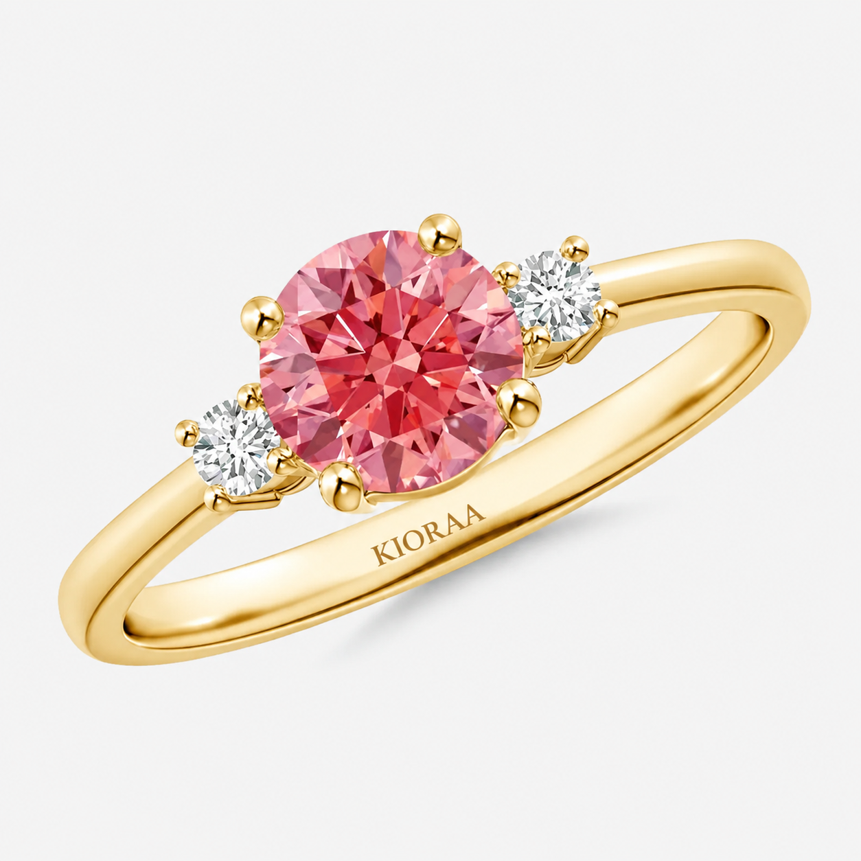 Classic Simple Fancy Pink Round Three Stone Solitaire Ring