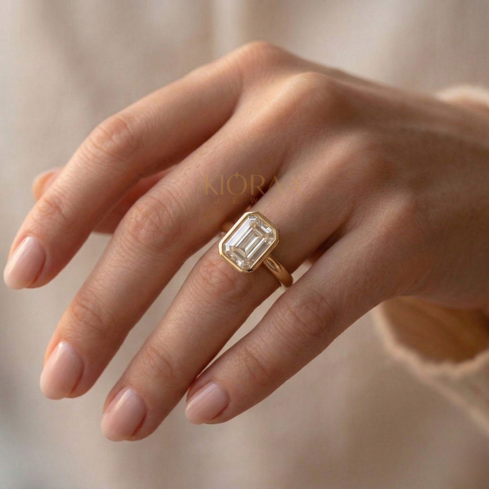 Classic Simple Emerald Bezel Solitaire Engagement Ring