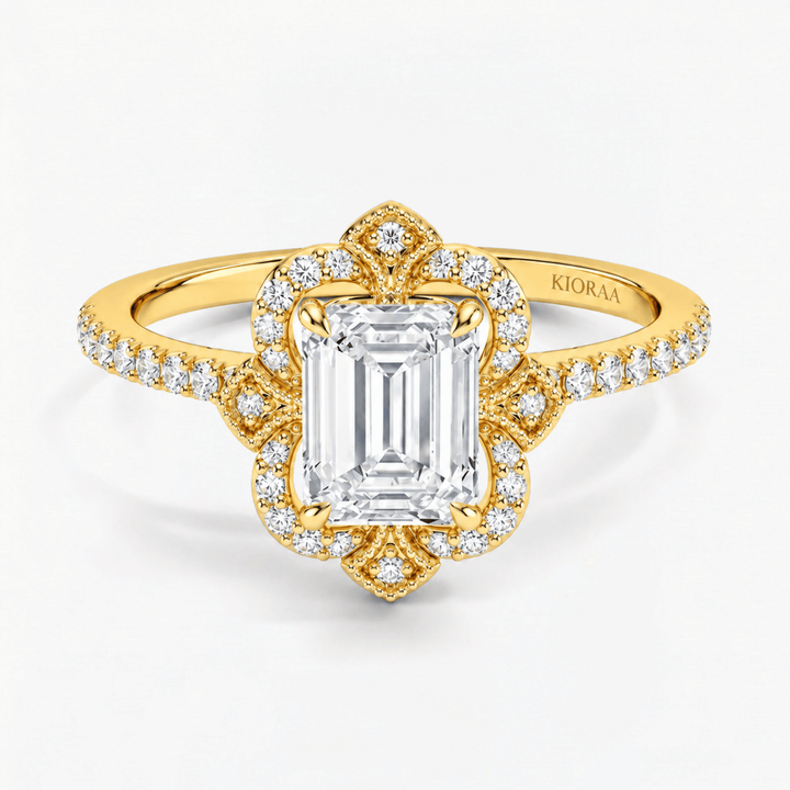 Emerald Victoria Petal Halo Engagement Ring