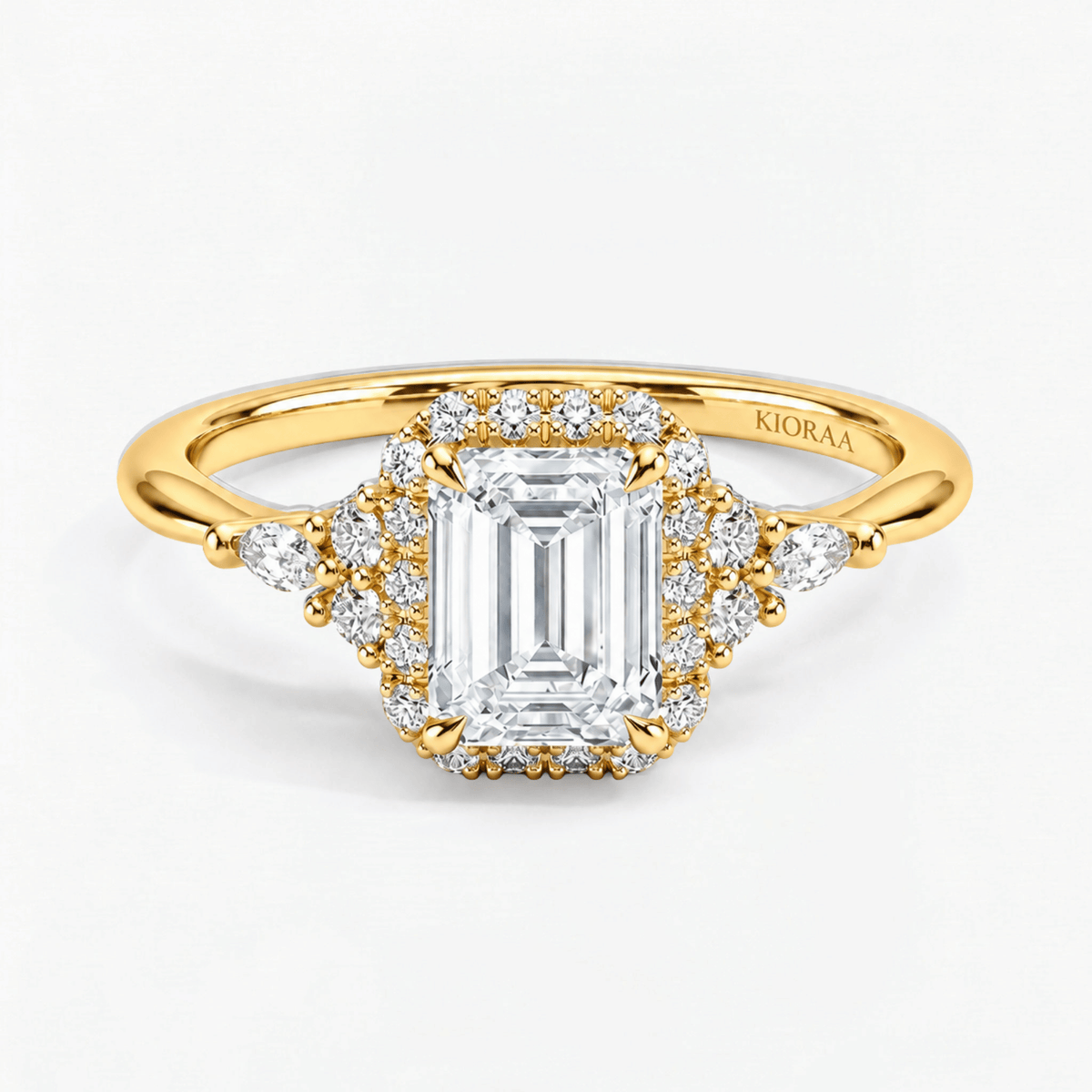 Emerald Petal Frame Halo Engagement Ring