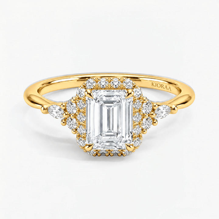 Emerald Petal Frame Halo Engagement Ring