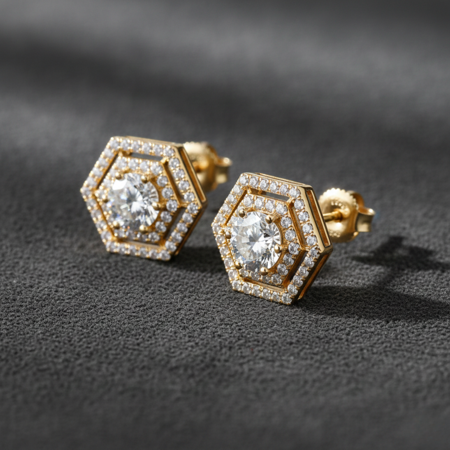 Round Diamond Hexagonal Double Halo Stud Earrings
