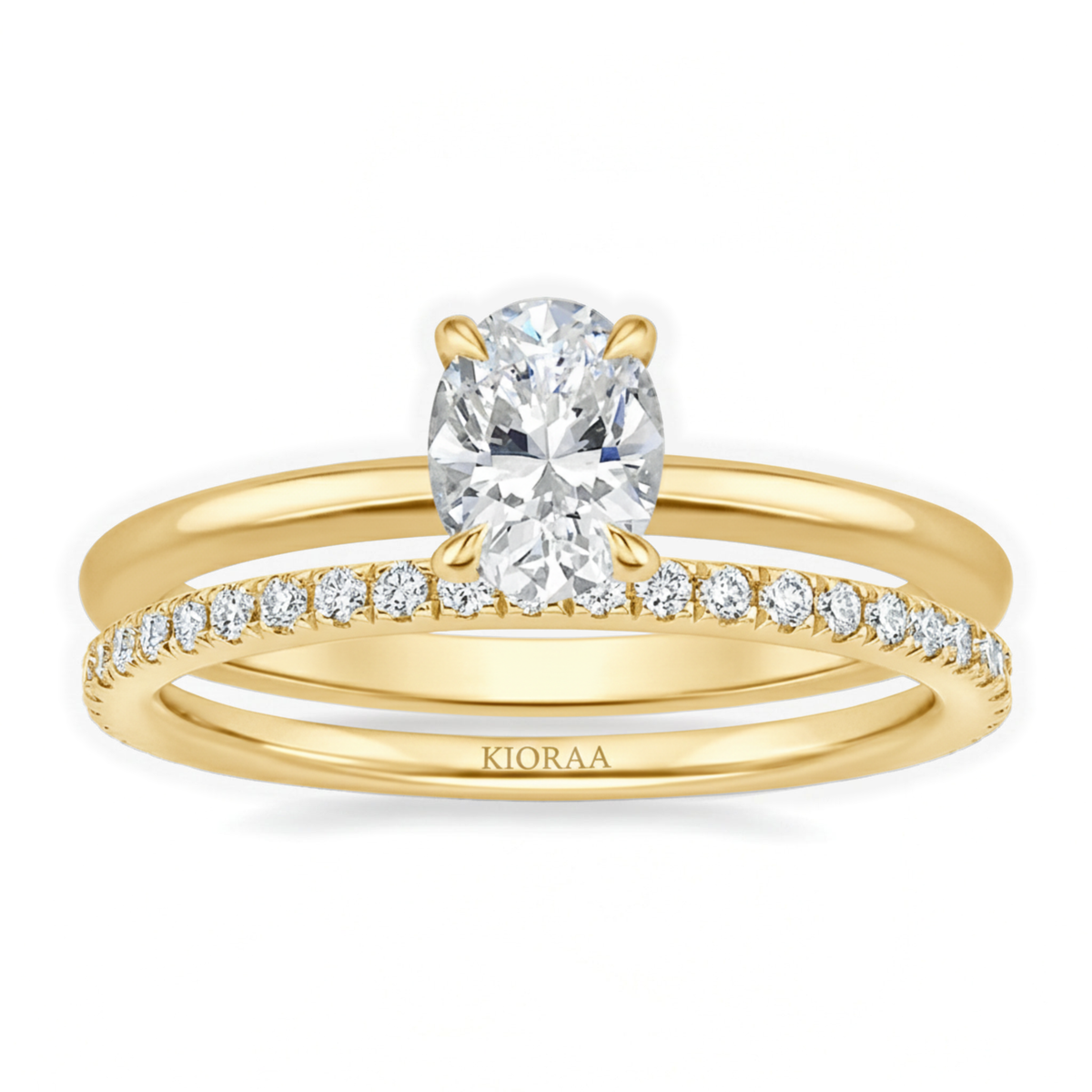 Classic Petal Oval Solitaire Ring with Simple Round Eternity Band