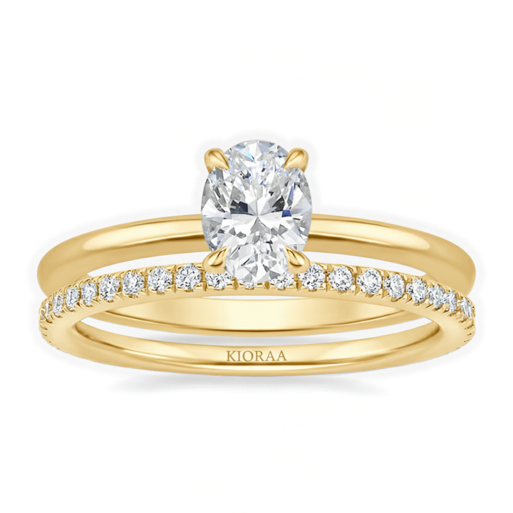 Classic Petal Oval Solitaire Ring with Simple Round Eternity Band