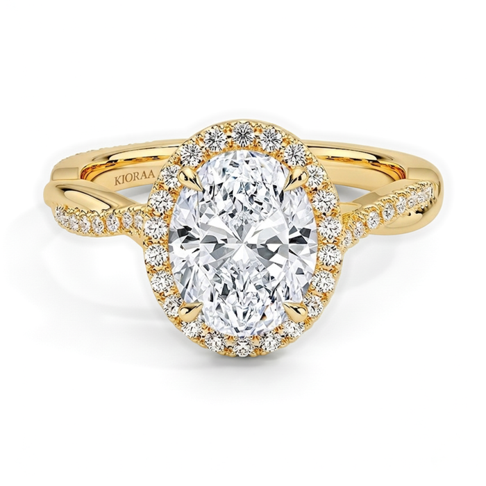 Classic Twist Oval Diamond Halo Engagement Ring in yellow gold