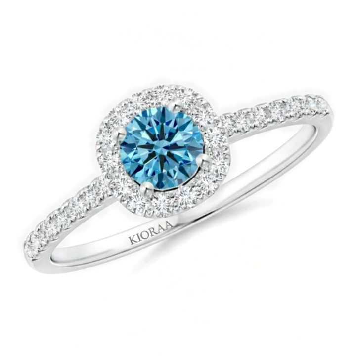 Fancy Blue Round Cut Diamond Halo Engagement Ring