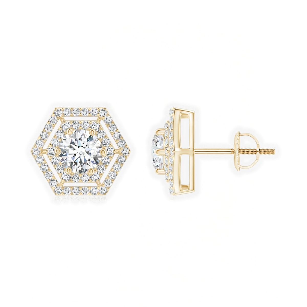 Round Diamond Hexagonal Double Halo Stud Earrings