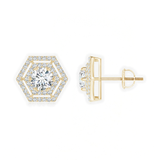 Round Diamond Hexagonal Double Halo Stud Earrings, thumbnail 1