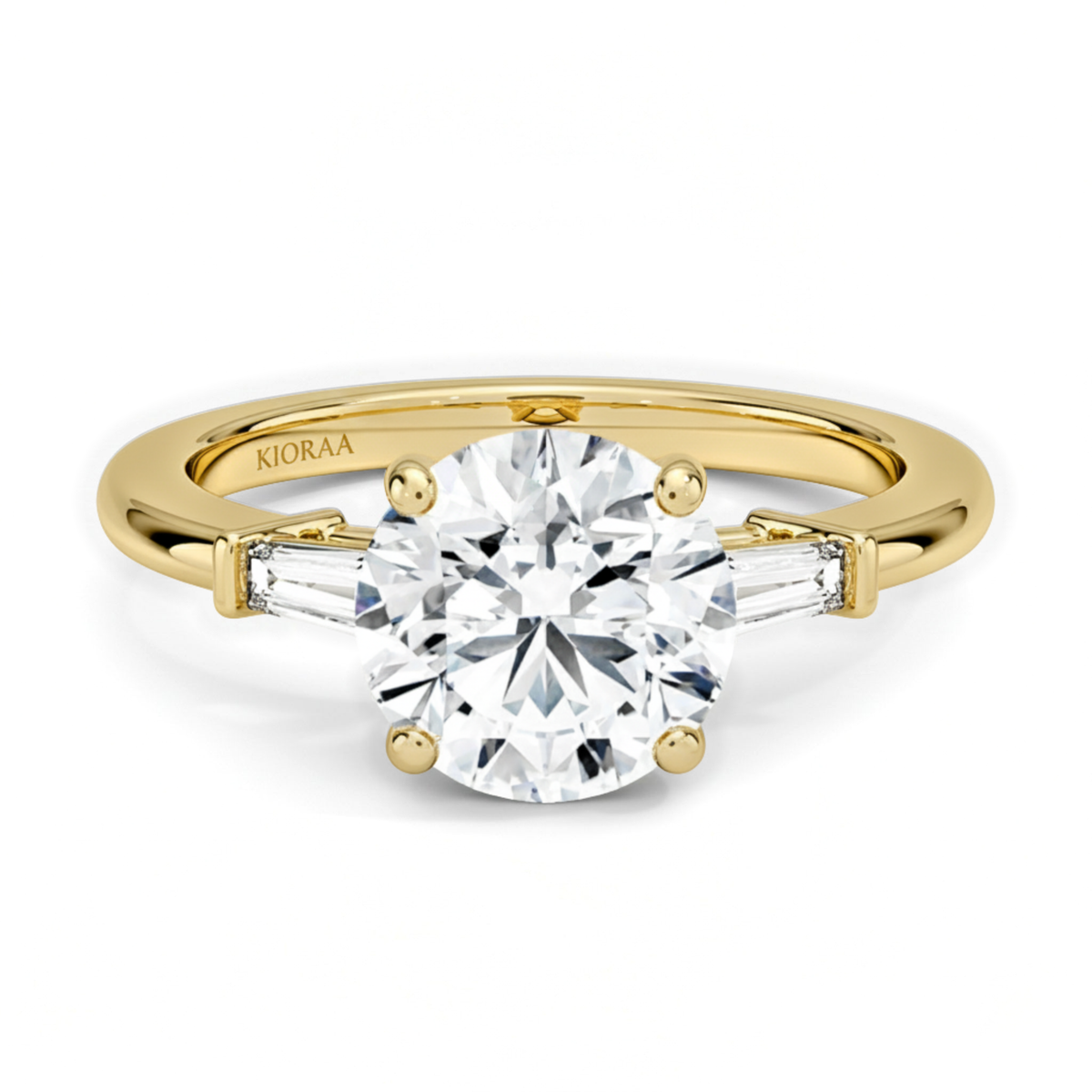 Round Shape Tapered Baguette Three Stone Engagement Ring