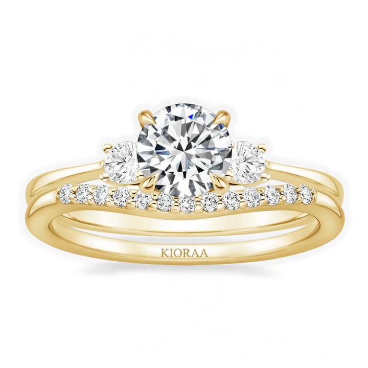 Round Shape Three Stone Diamond Ring with Half Coverage Eternity Wedding Band